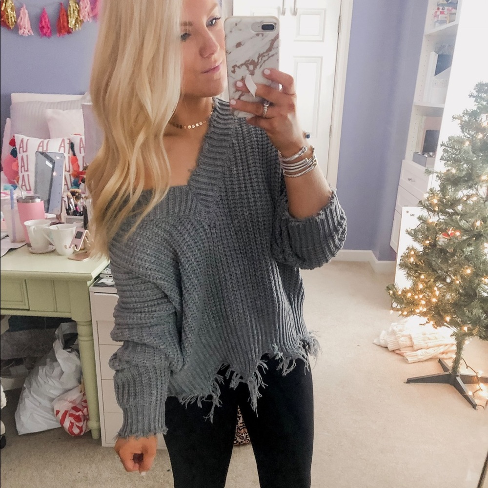 Gray distressed hem sweater